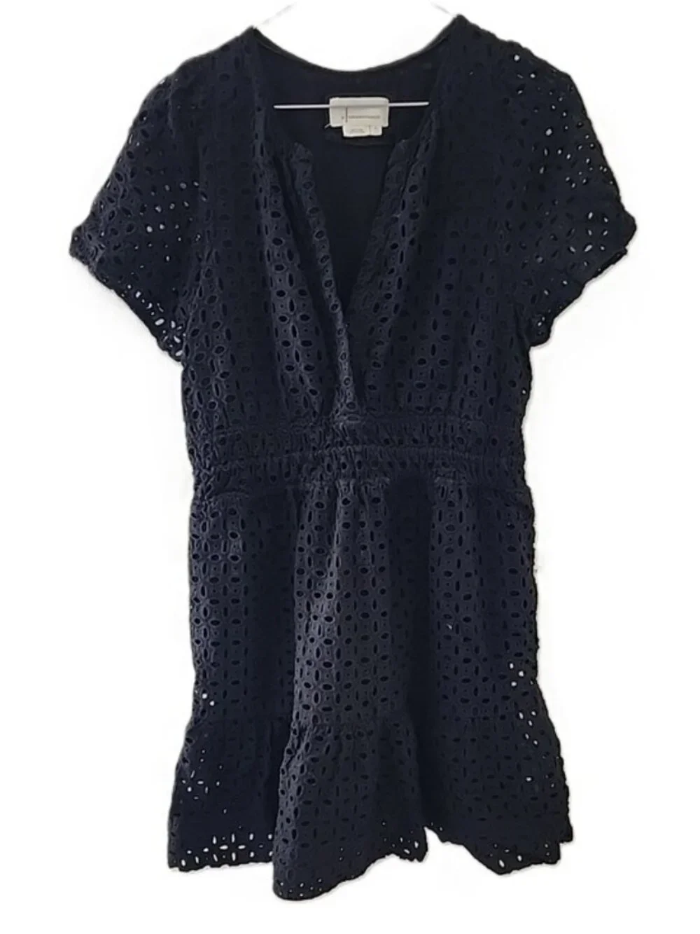 Anthropologie The Somerset Black Eyelet Mini-Dress V-Neck Tiered Lined Sz Large